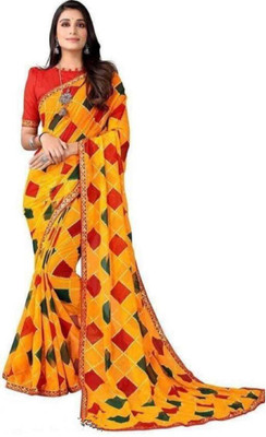 supalee tex Printed Bandhani Georgette Saree(Gold)