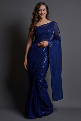 FluteFashion Embroidered Bollywood Georgette Saree(Blue)
