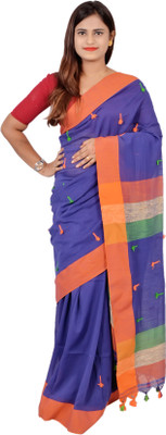 SAYAN CREATION Self Design Handloom Pure Cotton Saree(Blue)