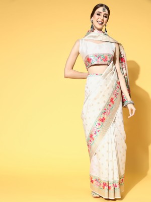 Ratnavati Floral Print Banarasi Silk Blend Saree(Cream)