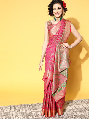 Ratnavati Geometric Print Banarasi Silk Blend Saree(Pink)