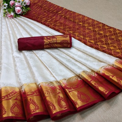 Morpich Fashion Striped Banarasi Silk Blend Saree(Cream)