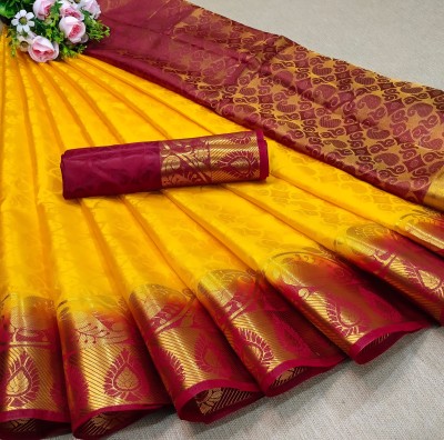 Morpich Fashion Striped Banarasi Silk Blend Saree(Yellow)