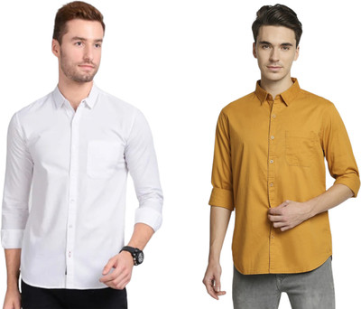 THE TINGE Men Solid Casual White, Yellow Shirt(Pack of 2)