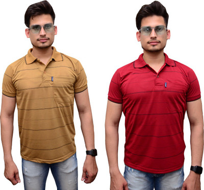 Maleno Striped Men Polo Neck Brown, Maroon T-Shirt