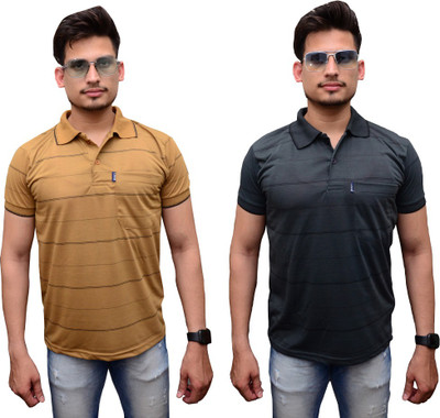 Maleno Striped Men Polo Neck Brown, Grey T-Shirt