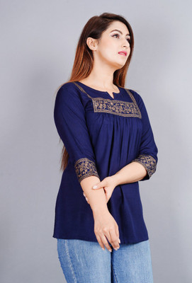 Angarkha Casual Printed Women Blue Top