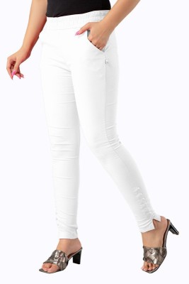 Pallu Ethnic Skinny Fit Women White Trousers