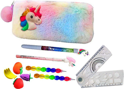 Neel Unicorn Stationery Gift Set Combo-10Pcs-Fur Pencil Pouch/Pencil/Pen/Eraser/Scale