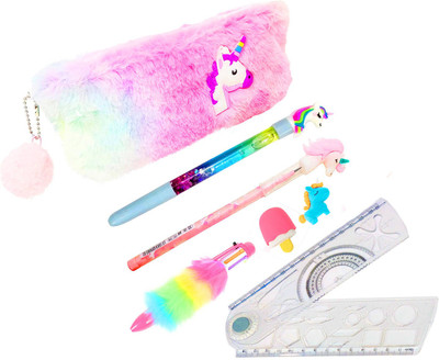Neel Unicorn School Stationery Gift Combo-7ps-Pouch/Pen/Pencil/Eraser/Fur Pen & Scale