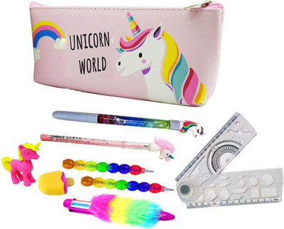 Neel Unicorn Stationery Gift Combo-9Ps-Unicorn Pouch/6IN1 Pen/Pencil/Pen/Eraser/Scale