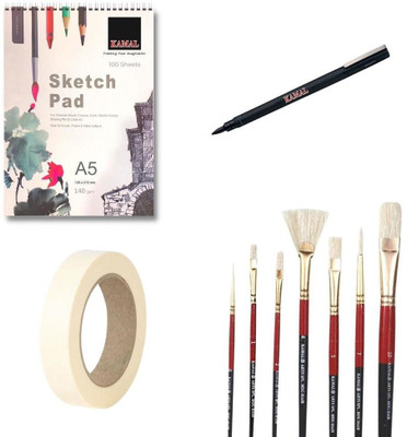 KAMAL Mix Hog Hair Brush Set Combo with A5 Sketch Pad, Masking Tape and Fine Liner Pen