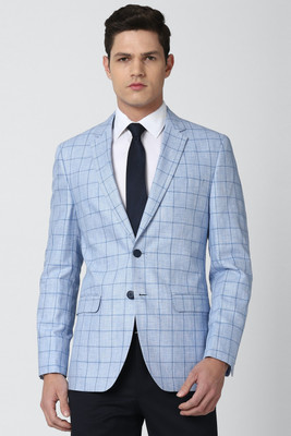 VAN HEUSEN Checkered Single Breasted Formal Men Blazer(Blue)