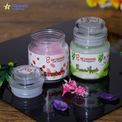Flipkart SmartBuy Combo Set of Strawberry + Green Apple fragrances Cylidrical glass Jar Candle Candle(Pink, Green, Pack of 2)
