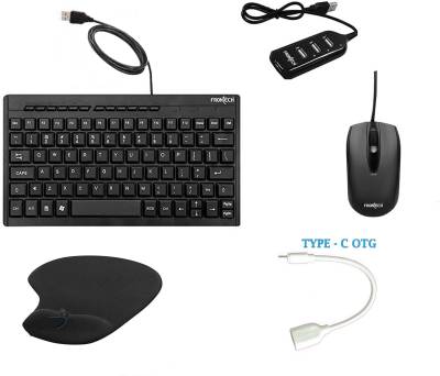 Frontech 5 in 1 set of Mini USB Keyboard, usb Mouse, 4 Port Hub ,Mouse pad &Type C OTG Combo Set