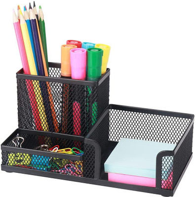 Home Brilliant 3 Compartments metal Mesh Desk Organizer Stationary Storage Stand Pen/Pencil Holder for Office, Home(Black)
