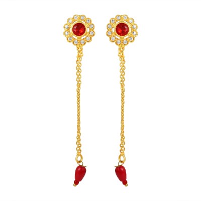 Admier gold plated brass flower design faux ruby and cz studded dangle earrings Cubic Zirconia Brass Drops & Danglers