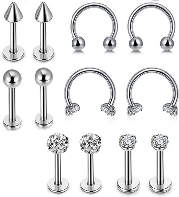 GadgetsDen Labret Horseshoe Rings Eyebrow Lip Belly Button Nose Tragus Navel Barbells 12Pcs Cubic Zirconia Stainless Steel Stud Earring