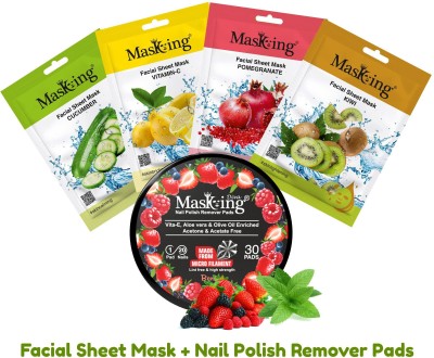 MasKing Facial Sheet Mask for Skin Calming + Berries Nail Polish Remover Pads Combo of 5(5 Items in the set)