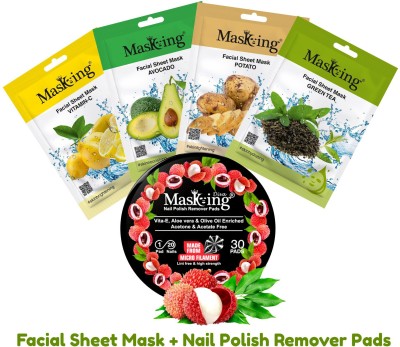 MasKing Facial Sheet Mask for Nourishing + Litchi Nail Polish Remover 30 Pads Combo of 5(5 Items in the set)