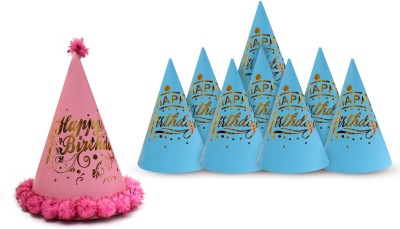 Vmd BIRTHDAY CAP 1 Fancy PINK Cap with 8 golden Printed S.BLUE Cap for Birthday Kids(SKY-BLUE, Pink, Pack of 9)