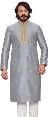 cool courter Men Embroidered Straight Kurta(Grey)
