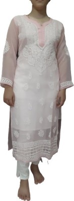 Lucknowi Chikankari Women Chikan Embroidery A-line Kurta(Pink)