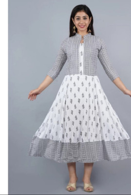 Lastleaf Women Printed Anarkali Kurta(White)