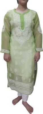 Lucknowi Chikankari Women Chikan Embroidery A-line Kurta(Pink)