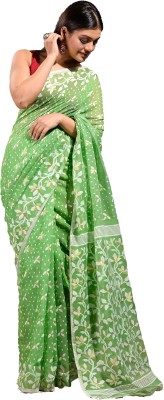 TRADITIONAL MANUFACTURER HOUSE Embroidered Jamdani Cotton Silk Saree(Green, White)