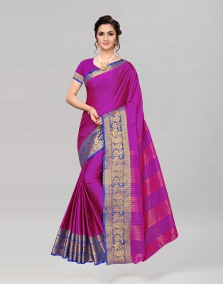Samah Self Design, Woven, Embellished Banarasi Jacquard, Cotton Silk Saree(Multicolor, Blue, Pink)