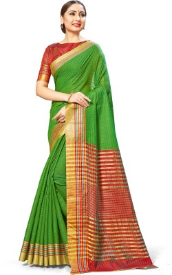 Endues Striped Kota Doria Cotton Silk Saree(Green)