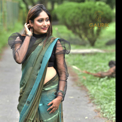 GAURIK FASHION Printed Assam Silk Georgette Saree(Green)