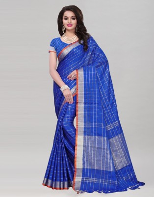 Samah Striped, Checkered Maheshwari Linen Saree(Silver, Dark Blue)
