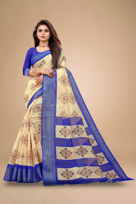 sareesy Printed, Geometric Print Chanderi Cotton Blend, Cotton Linen Saree(Blue, Beige)