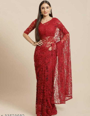 BRAHMANI TEXTILE Self Design Bollywood Net Saree(Red)