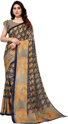 RENSILAFAB Printed Daily Wear Georgette Saree(Dark Blue)