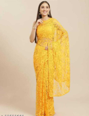 BRAHMANI TEXTILE Self Design Bollywood Net Saree(Yellow)