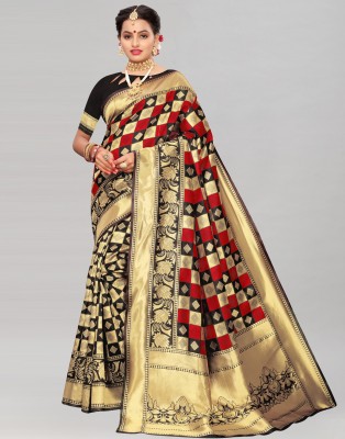 Samah Self Design, Woven, Embellished Kanjivaram Jacquard, Cotton Silk Saree(Red, Black)