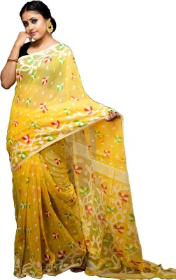 TRADITIONAL HOUSEE Embroidered Jamdani Cotton Silk Saree(Red, Green, Yellow)