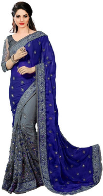 PRAMUKH HEAVAN Solid/Plain Bollywood Net, Art Silk Saree(Blue, Grey)