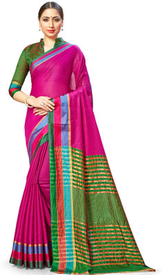 Endues Striped Kota Doria Cotton Silk Saree(Pink)