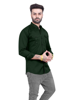 SYLER Men Solid Casual Dark Green Shirt