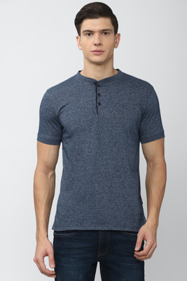 VAN HEUSEN Self Design Men Henley Neck Dark Blue T-Shirt