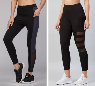 GREEN-SHADE Color Block Women Black Tights