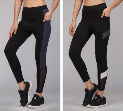 GREEN-SHADE Color Block Women Black Tights