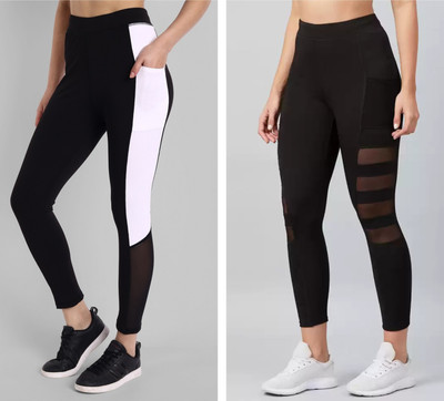 GREEN-SHADE Color Block Women Black Tights