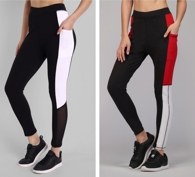 GREEN-SHADE Color Block Women Black Tights