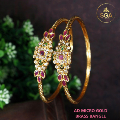 SGA FASHION Brass Crystal, Emerald, Ruby Gold-plated Bangle Set(Pack of 2)