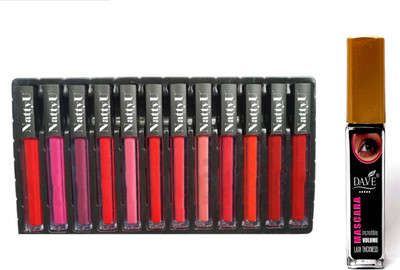 NattyU Beauty Waterproof Matte Set Of 12 Lipsticks - Long Lasting - 12 Different Shades - With Dave_Volume_Mascara(Combo)(2 Items in the set)